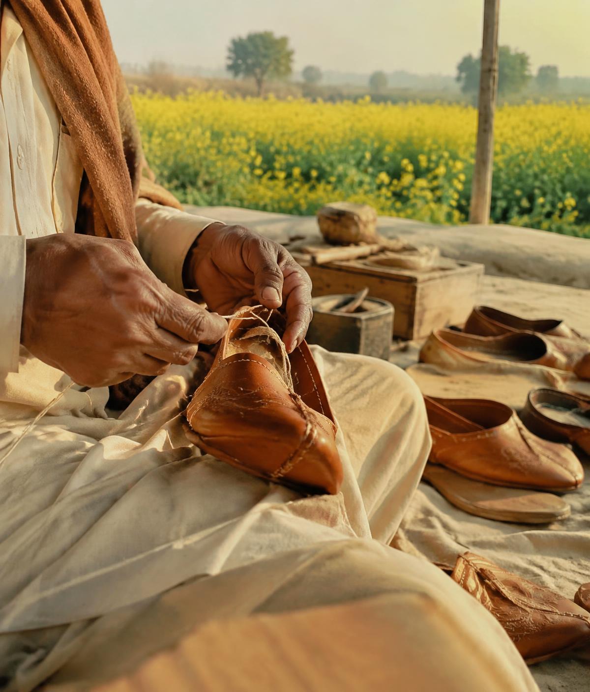 Artisan hands stitching a leather jutti beside mustard fields